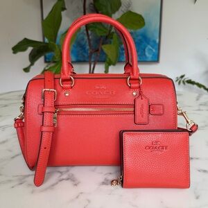 Coach Rowan Leather Satchel Crossbody CC143 & Snap Wallet Set Mango Red Orange
